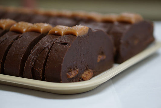 Slice of Dark Chocolate Salted Caramel Fudge